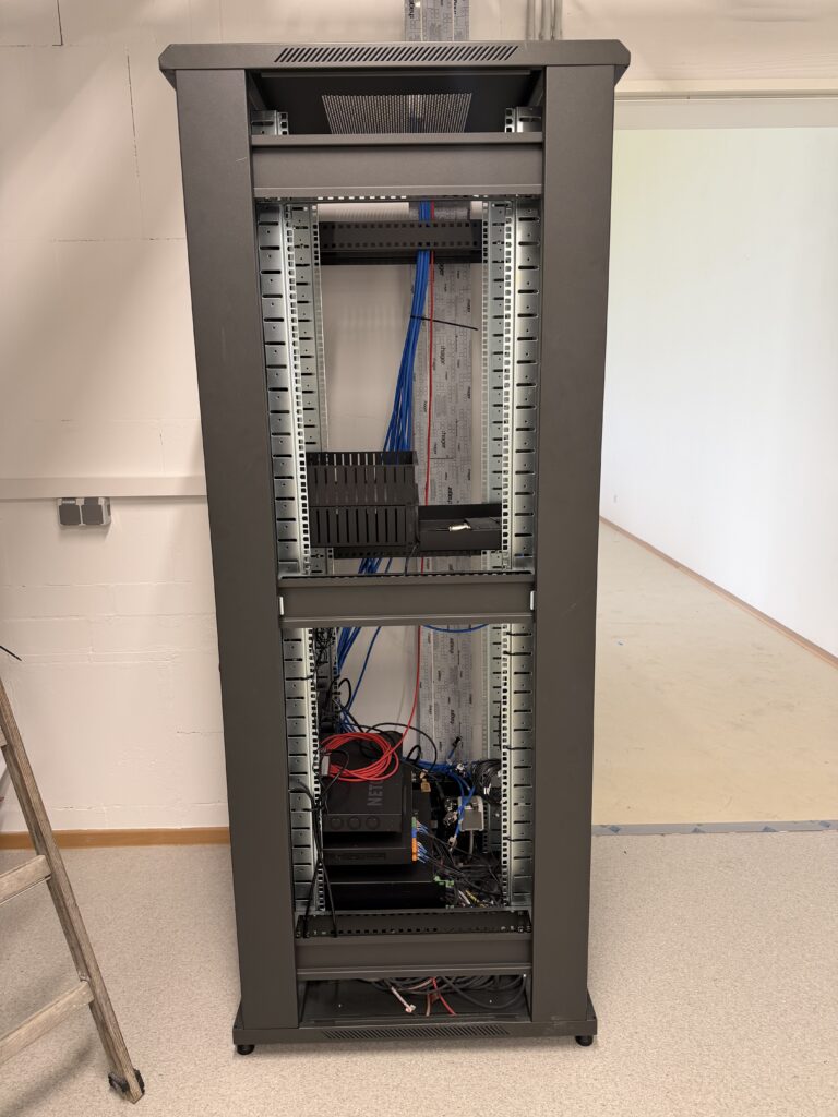 Ein hoher Netzwerkschaltschrank, zum großen Teil leer bis auf einige blaue und ein rotes Kabel, die von oben hineinführen. Im unteren Bereich sind drei Racks gefüllt mit technischem Gerät.